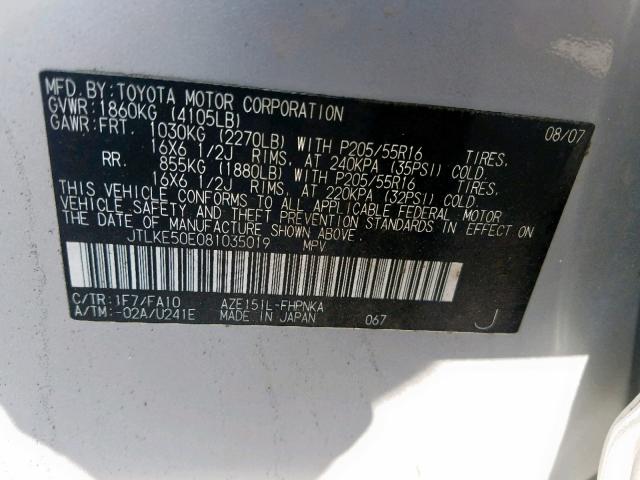 JTLKE50E081035019 - 2008 TOYOTA SCION XB 银色 照片 10