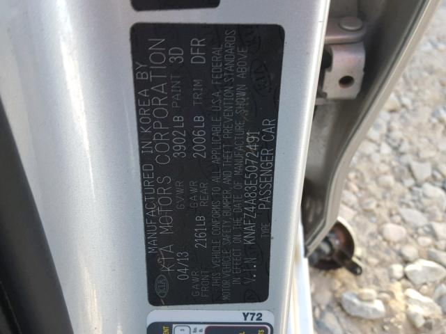 KNAFZ4A83E5072491 - 2014 KIA FORTE EX SILVER photo 10