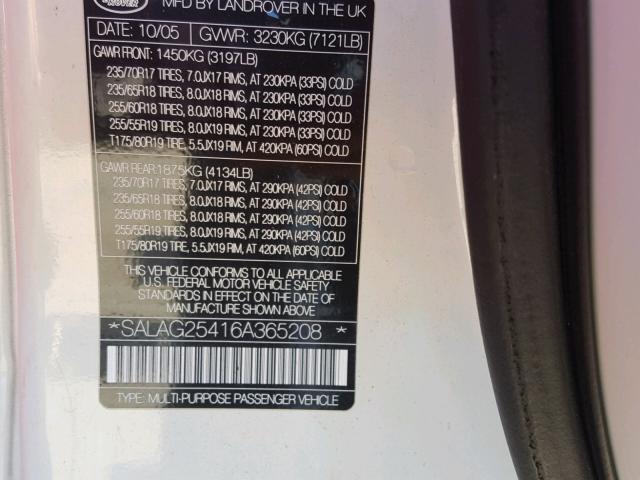 SALAG25416A365208 - 2006 LAND ROVER LR3 HSE WHITE photo 10