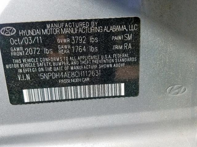 5NPDH4AE8CH112631 - 2012 HYUNDAI ELANTRA GL SILVER photo 10