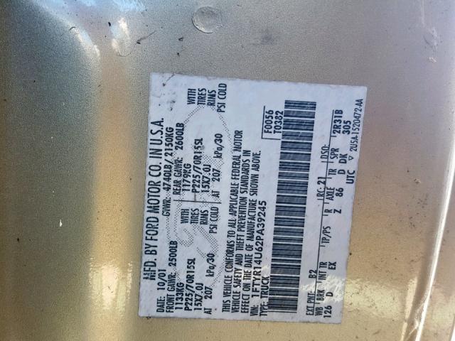 1FTYR14U62PA39245 - 2002 FORD RANGER SUP TAN photo 10