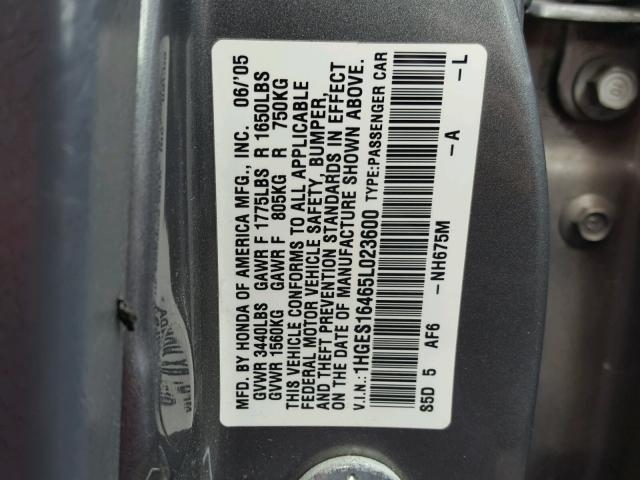 1HGES16465L023600 - 2005 HONDA CIVIC DX GRAY photo 10