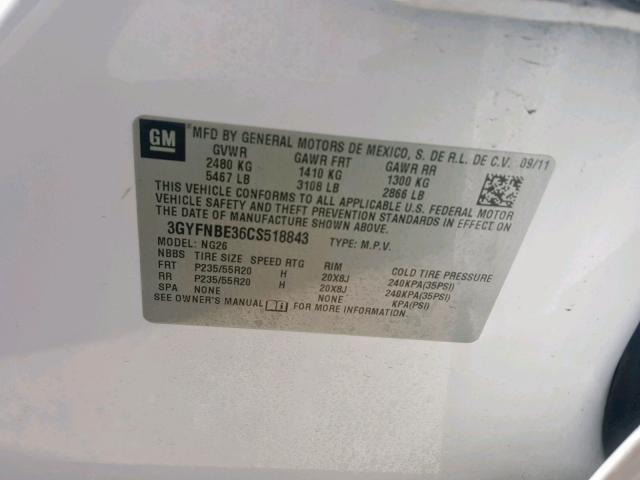 3GYFNBE36CS518843 - 2012 CADILLAC SRX PERFOR თეთრი ფოტო 10