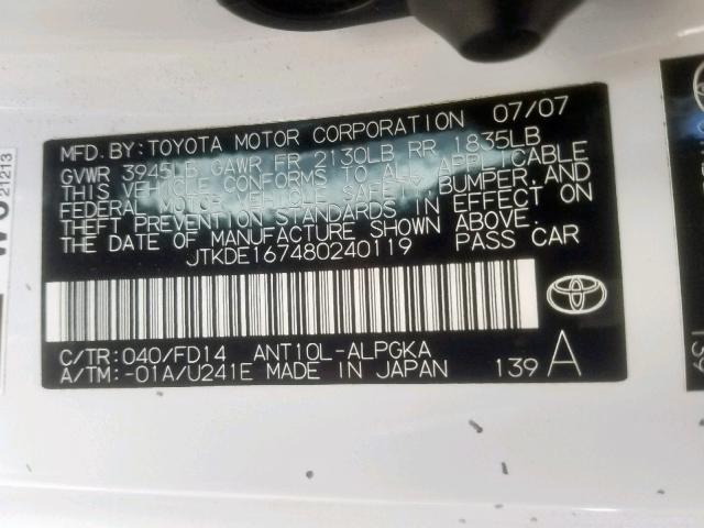 JTKDE167480240119 - 2008 TOYOTA SCION TC თეთრი ფოტო 10