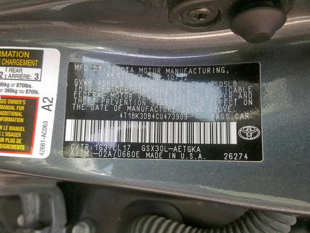 4T1BK3DB4CU473909 - 2012 TOYOTA AVALON BAS GRAY photo 10