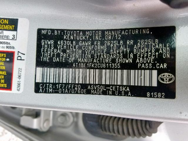 4T1BF1FK2CU611355 - 2012 TOYOTA CAMRY BASE SILVER photo 10