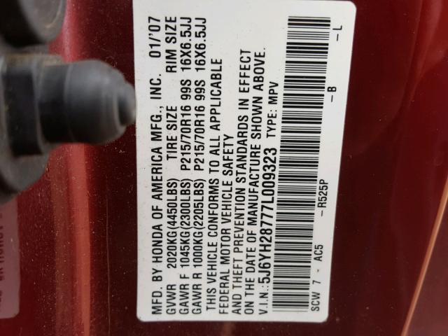 5J6YH28777L009323 - 2007 HONDA ELEMENT EX RED photo 10