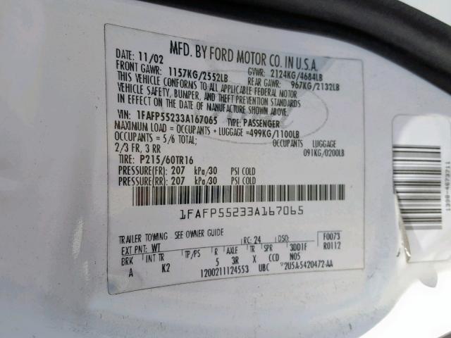 1FAFP55233A167065 - 2003 FORD TAURUS SES WHITE photo 10