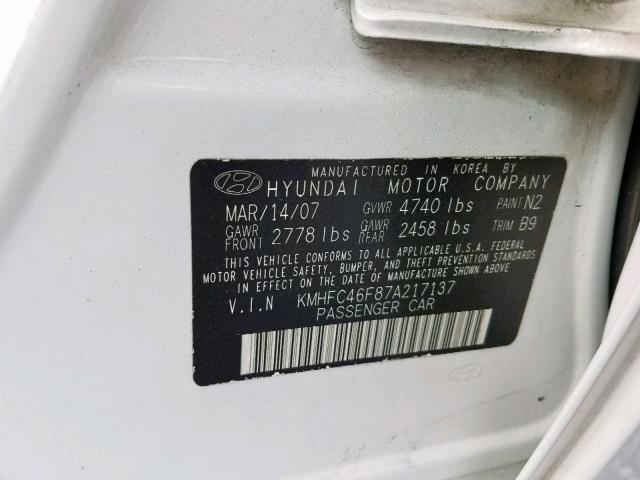 KMHFC46F87A217137 - 2007 HYUNDAI AZERA SE WHITE photo 10