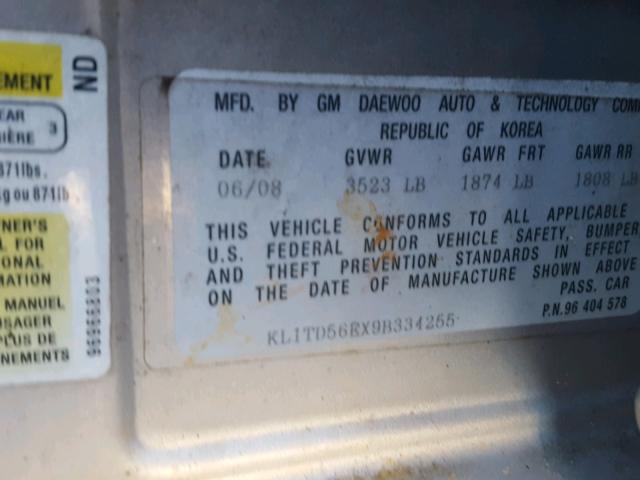 KL1TD56EX9B334255 - 2009 CHEVROLET AVEO LS SILVER photo 10