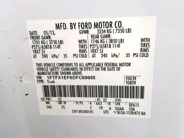 1FTFX1EF6DFC69955 - 2013 FORD F150 SUPER WHITE photo 10