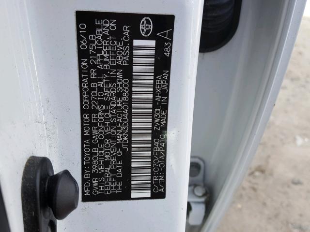 JTDKN3DU4A0188600 - 2010 TOYOTA PRIUS WHITE photo 10