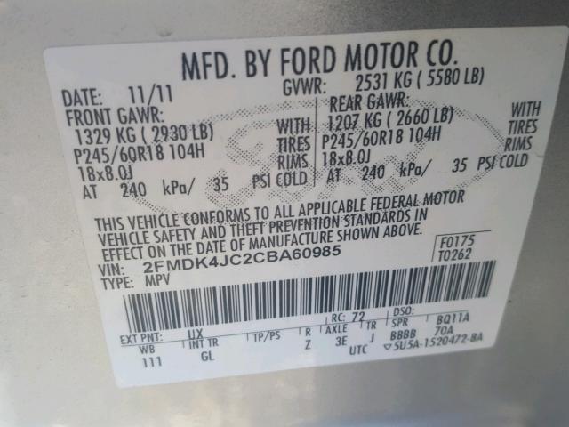 2FMDK4JC2CBA60985 - 2012 FORD EDGE SEL SILVER photo 10