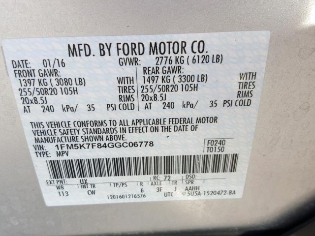 1FM5K7F84GGC06778 - 2016 FORD EXPLORER L SILVER photo 10