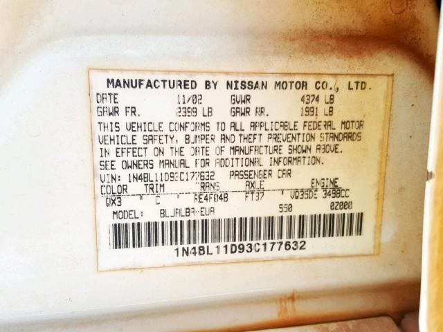 1N4BL11D93C177632 - 2003 NISSAN ALTIMA SE WHITE photo 10