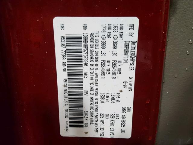 1D8HB48P57F579940 - 2007 DODGE DURANGO SL RED photo 10