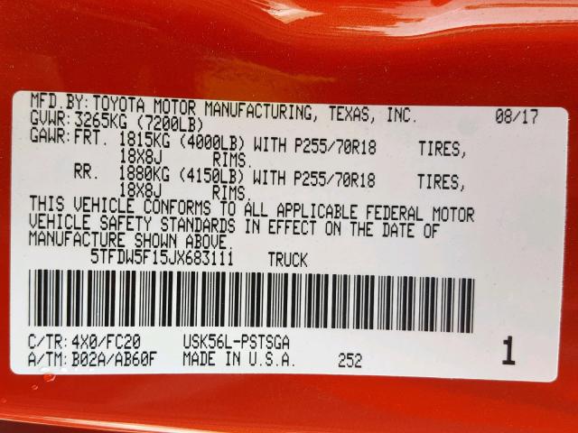 5TFDW5F15JX683111 - 2018 TOYOTA TUNDRA CRE ORANGE photo 10