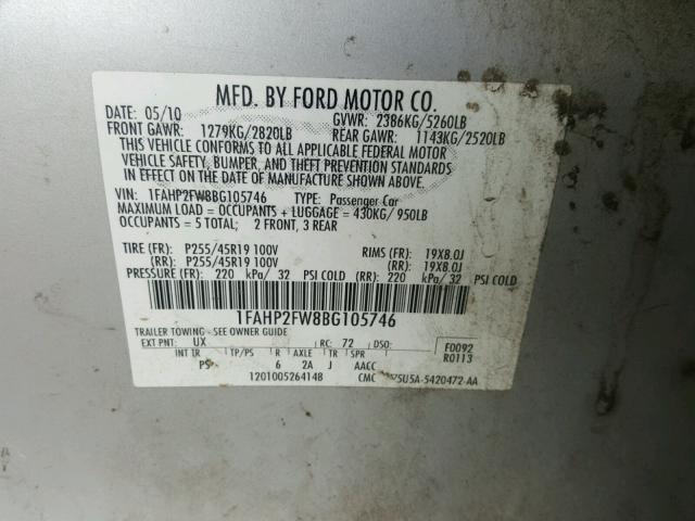 1FAHP2FW8BG105746 - 2011 FORD TAURUS LIM SILVER photo 10