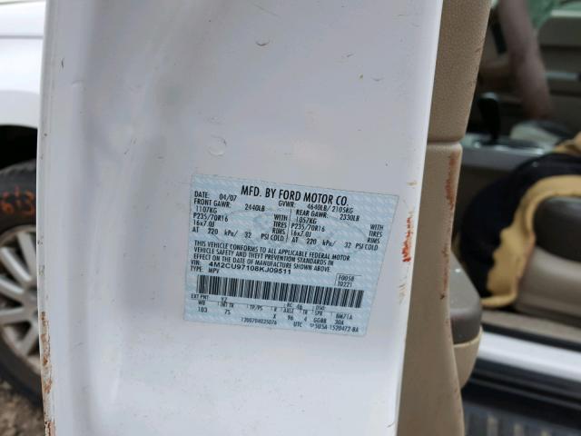 4M2CU97108KJ09511 - 2008 MERCURY MARINER PR WHITE photo 10