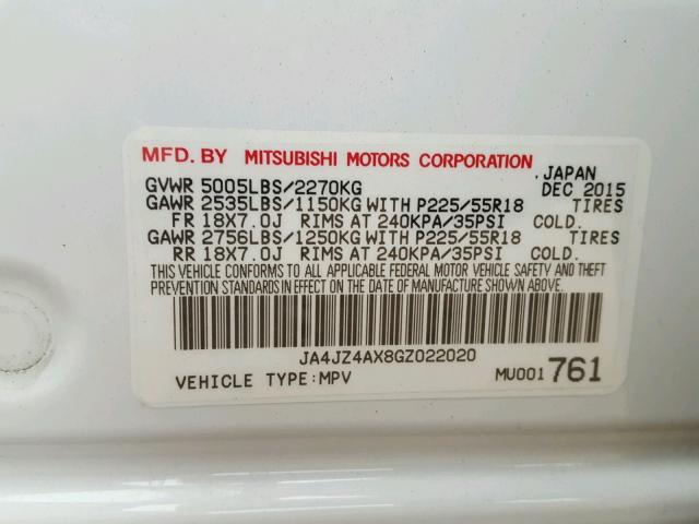 JA4JZ4AX8GZ022020 - 2016 MITSUBISHI OUTLANDER WHITE photo 10