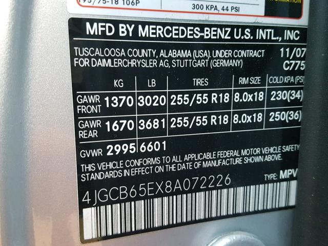 4JGCB65EX8A072226 - 2008 MERCEDES-BENZ R 350 SILVER photo 10