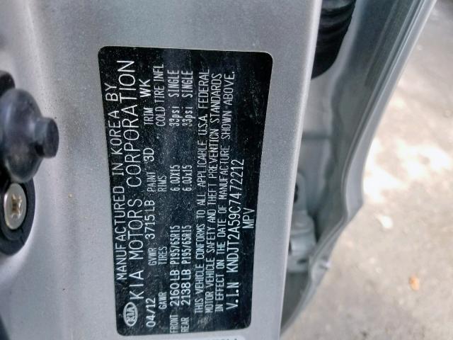 KNDJT2A59C7472212 - 2012 KIA SOUL SILVER photo 10