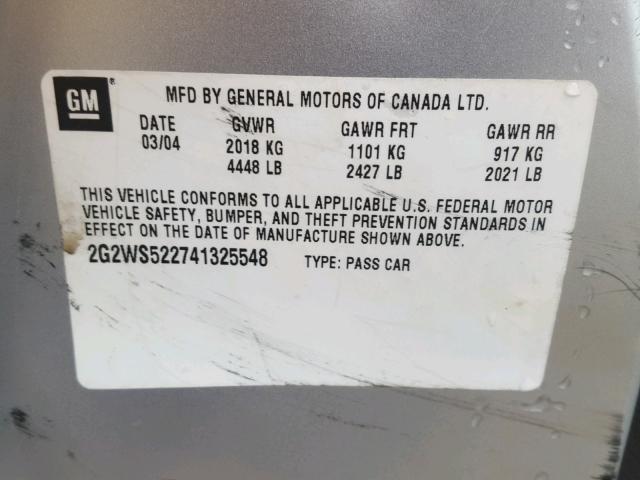 2G2WS522741325548 - 2004 PONTIAC GRAND PRIX ვერცხლისფერი ფოტო 10