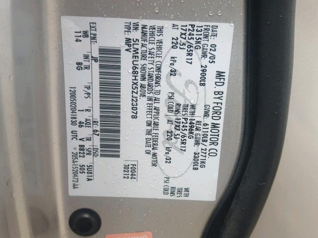 5LMEU68HX5ZJ23078 - 2005 LINCOLN AVIATOR ვერცხლისფერი ფოტო 10