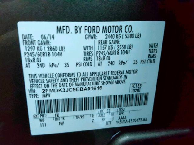 2FMDK3JC9EBA91616 - 2014 FORD EDGE SEL CHARCOAL photo 10