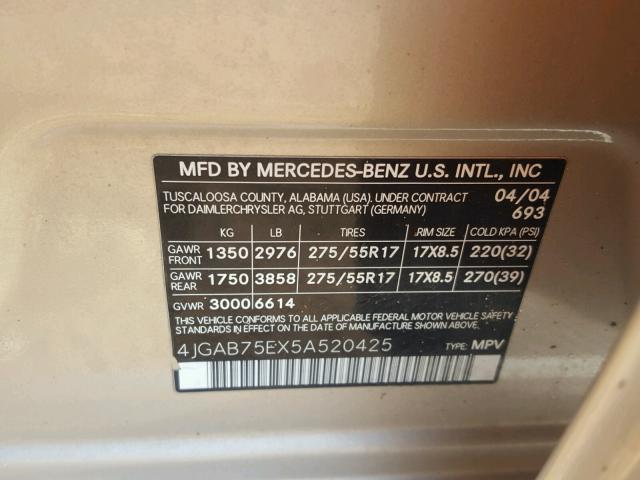 4JGAB75EX5A520425 - 2005 MERCEDES-BENZ ML 500 GOLD photo 10