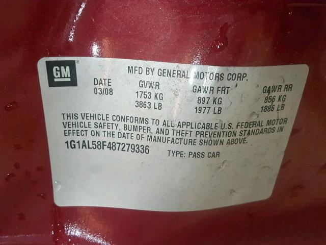 1G1AL58F487279336 - 2008 CHEVROLET COBALT LT RED photo 10