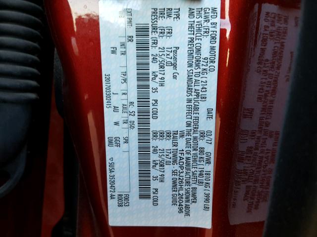 1FADP3J26HL260496 - 2017 FORD FOCUS TITA RED photo 10