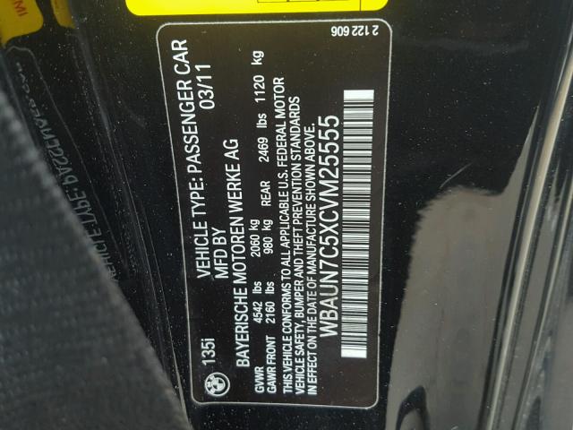 WBAUN7C5XCVM25555 - 2012 BMW 135 I BLACK photo 10
