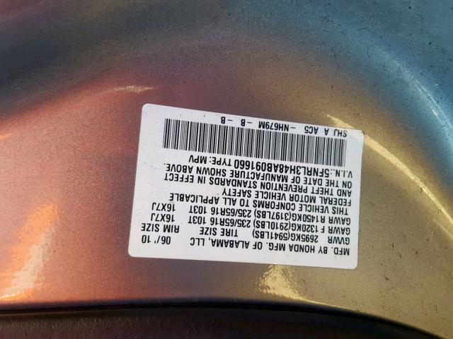 5FNRL3H48AB091660 - 2010 HONDA ODYSSEY EX SILVER photo 10