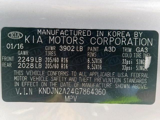 KNDJN2A24G7864360 - 2016 KIA SOUL SILVER photo 10