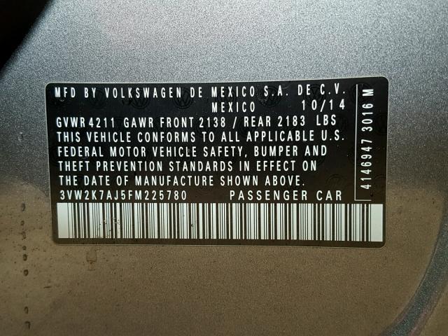 3VW2K7AJ5FM225780 - 2015 VOLKSWAGEN JETTA BASE GRAY photo 10