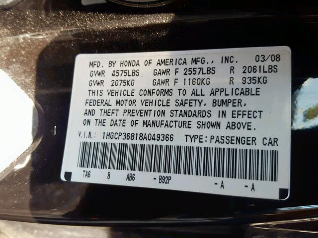 1HGCP36818A049366 - 2008 HONDA ACCORD EXL BLACK photo 10