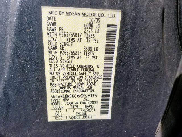 5N1AR18W36C605805 - 2006 NISSAN PATHFINDER GRAY photo 10