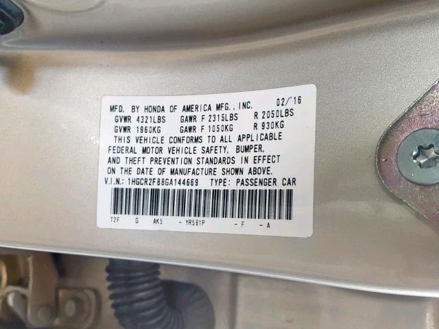 1HGCR2F88GA144669 - 2016 HONDA ACCORD EXL GOLD photo 10