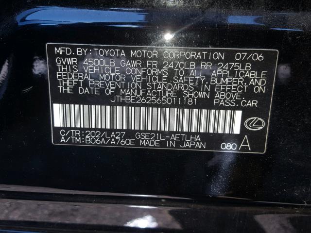 JTHBE262565011181 - 2006 LEXUS IS 350 BLACK photo 10