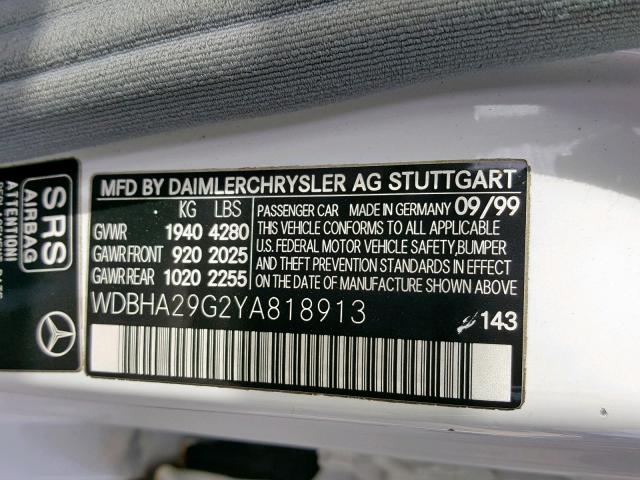 WDBHA29G2YA818913 - 2000 MERCEDES-BENZ C 280 WHITE photo 10