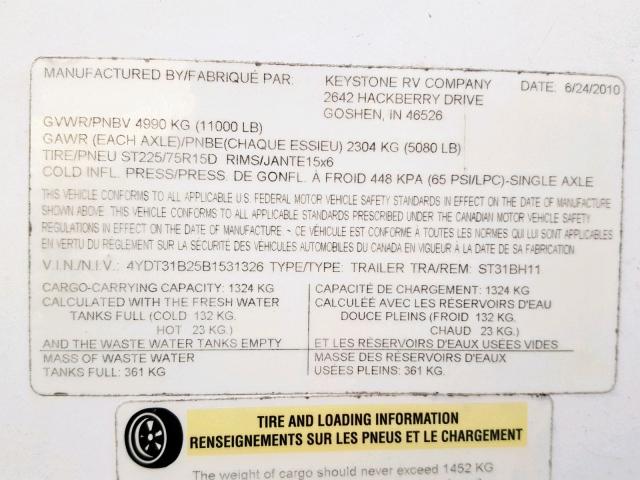 4YDT31B25B1531326 - 2011 KEYSTONE SPRINTER Սպիտակ լուսանկար 10