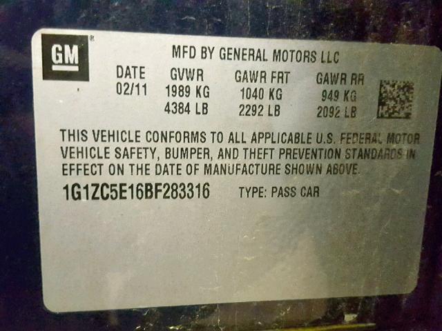 1G1ZC5E16BF283316 - 2011 CHEVROLET MALIBU 1LT BLUE photo 10