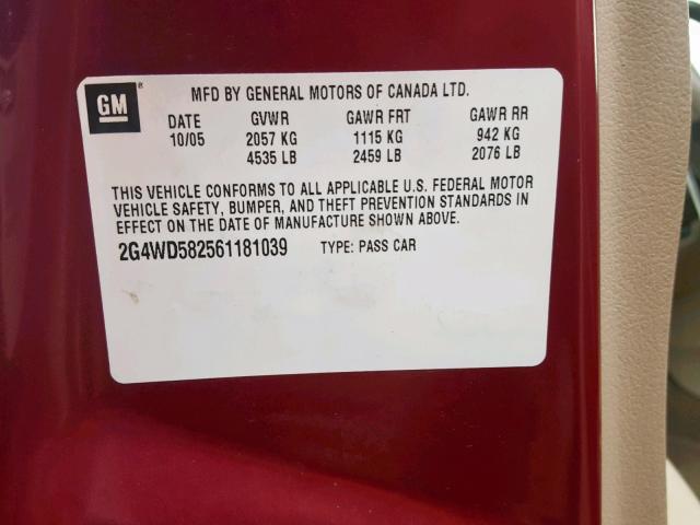 2G4WD582561181039 - 2006 BUICK LACROSSE C MAROON photo 10