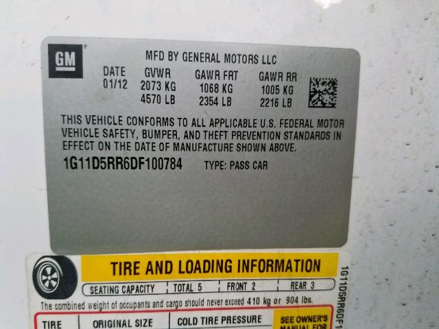 1G11D5RR6DF100784 - 2013 CHEVROLET MALIBU 1LT 白色 照片 10