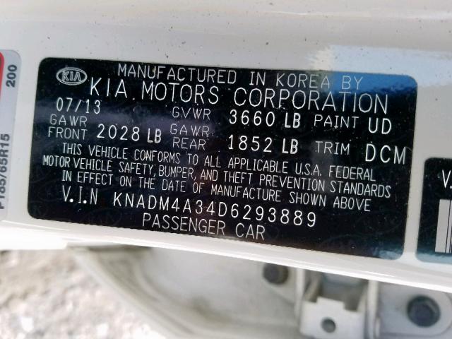 KNADM4A34D6293889 - 2013 KIA RIO LX WHITE photo 10