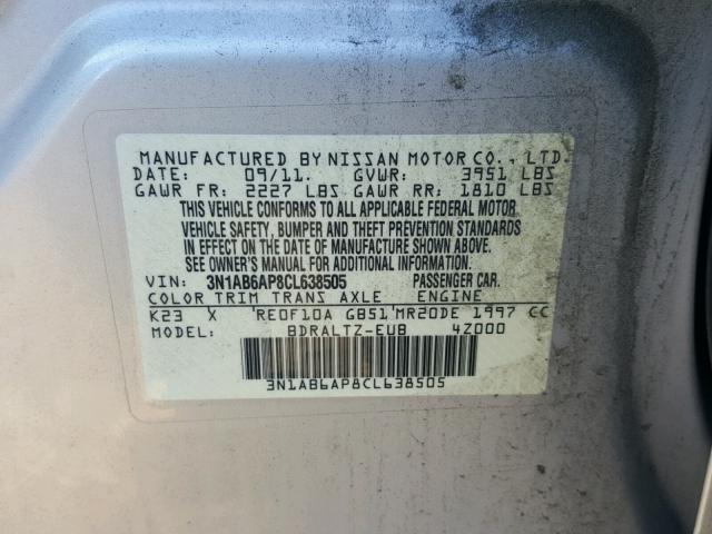 3N1AB6AP8CL638505 - 2012 NISSAN SENTRA 2.0 SILVER photo 10