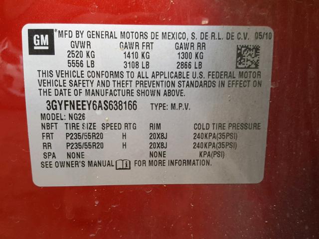 3GYFNEEY6AS638166 - 2010 CADILLAC SRX PERFOR RED photo 10