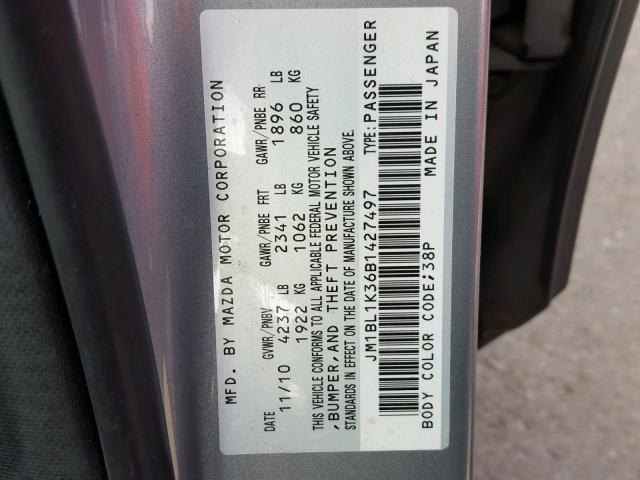 JM1BL1K36B1427497 - 2011 MAZDA SPEED 3 GRAY photo 10