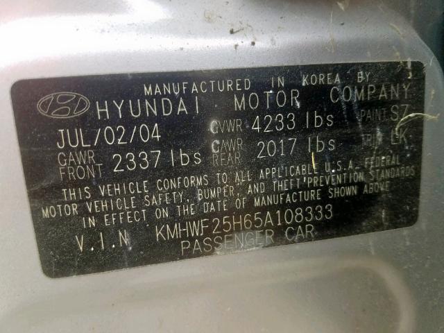 KMHWF25H65A108333 - 2005 HYUNDAI SONATA GL SILVER photo 10